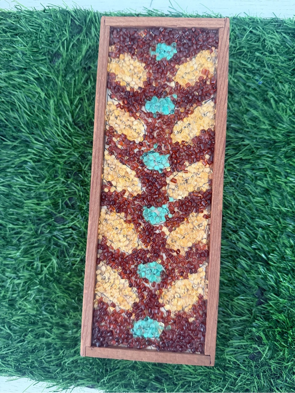 Vintage Beaded Mosaic Wood Trinket Box  in Browns & Turquoise Color